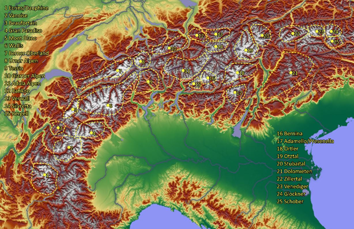 Map of the alps / kaart van de alpen